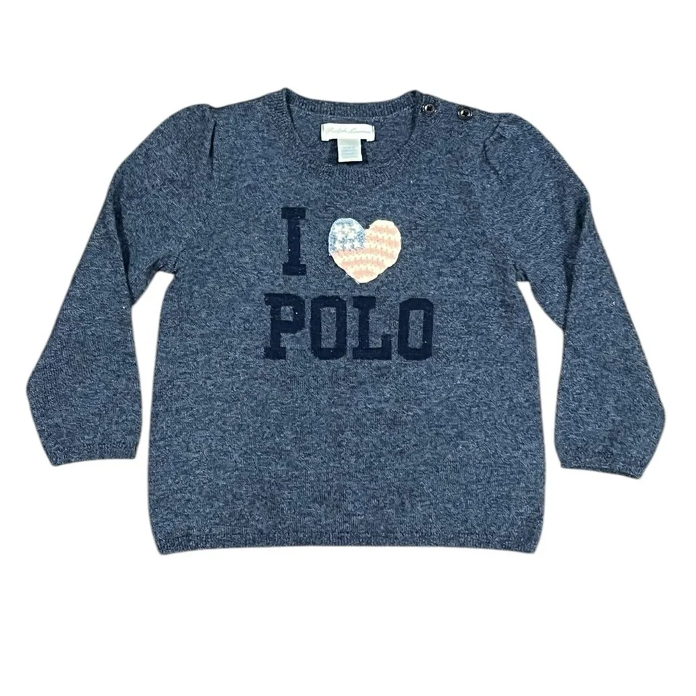 RALPH LAUREN INFANT Sweater Blue Knit HEART Wool 2 Button Size 24M - Picture 2 of 12